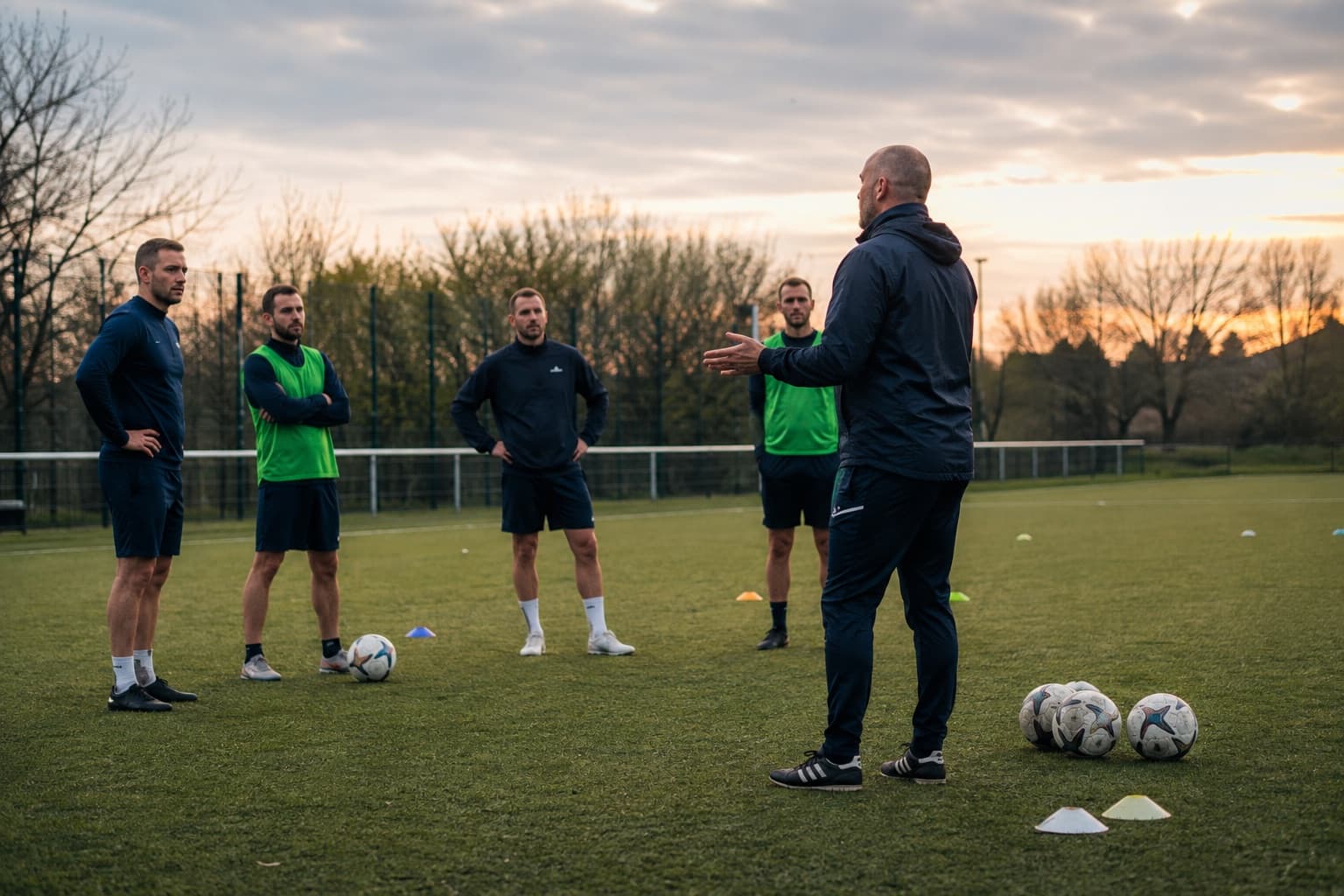 An adult grassroots football coach leading a training session on a community pitch